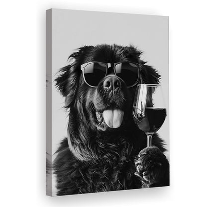 Newfoundland and Wine Canvas Print Wall Art, Black and White, Bar Cart Art, Kitchen Wall Decor