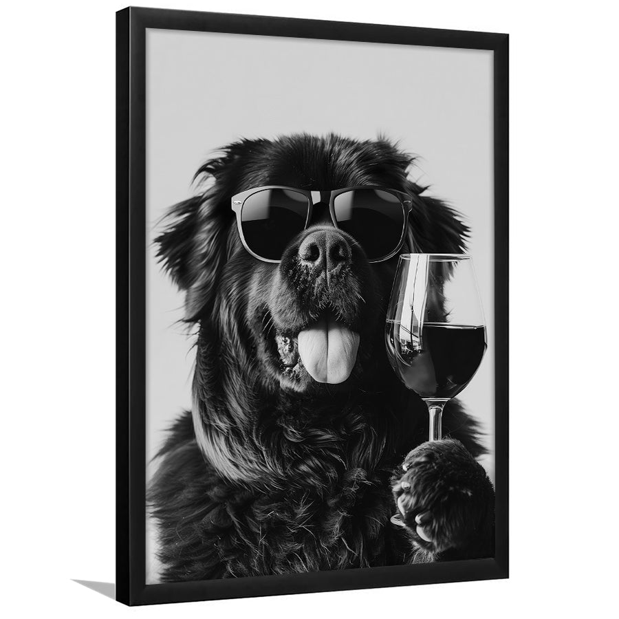 Newfoundland and Wine Framed Art Print Wall Decor, Black and White, Bar Cart Art, Kitchen Wall Decor