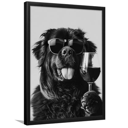 Newfoundland and Wine Framed Art Print Wall Decor, Black and White, Bar Cart Art, Kitchen Wall Decor