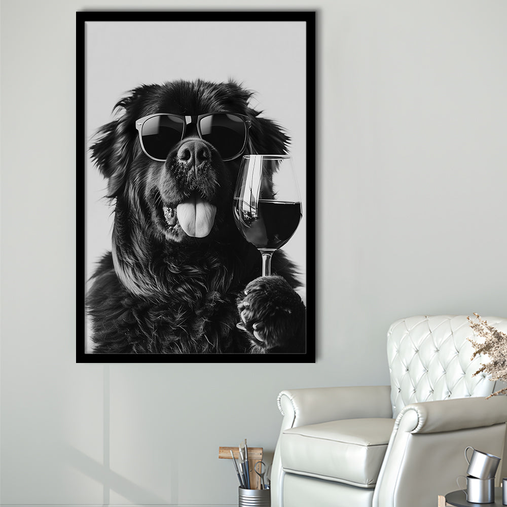 Newfoundland and Wine Framed Art Print Wall Decor, Black and White, Bar Cart Art, Kitchen Wall Decor