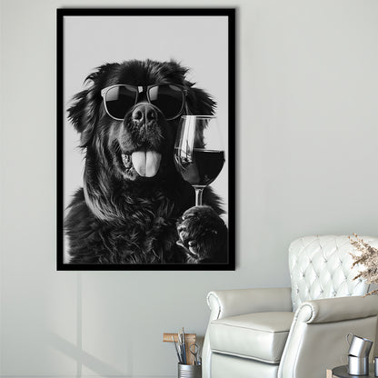 Newfoundland and Wine Framed Art Print Wall Decor, Black and White, Bar Cart Art, Kitchen Wall Decor