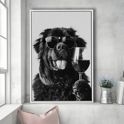Newfoundland and Wine Framed Canvas Print Wall Art, Black and White, Bar Cart Art, Kitchen Wall Decor