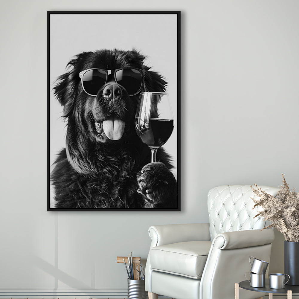 Newfoundland and Wine Framed Canvas Print Wall Art, Black and White, Bar Cart Art, Kitchen Wall Decor