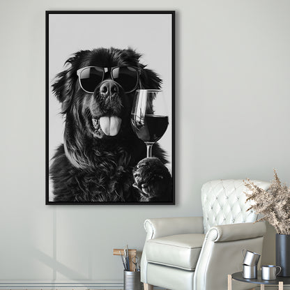 Newfoundland and Wine Framed Canvas Print Wall Art, Black and White, Bar Cart Art, Kitchen Wall Decor
