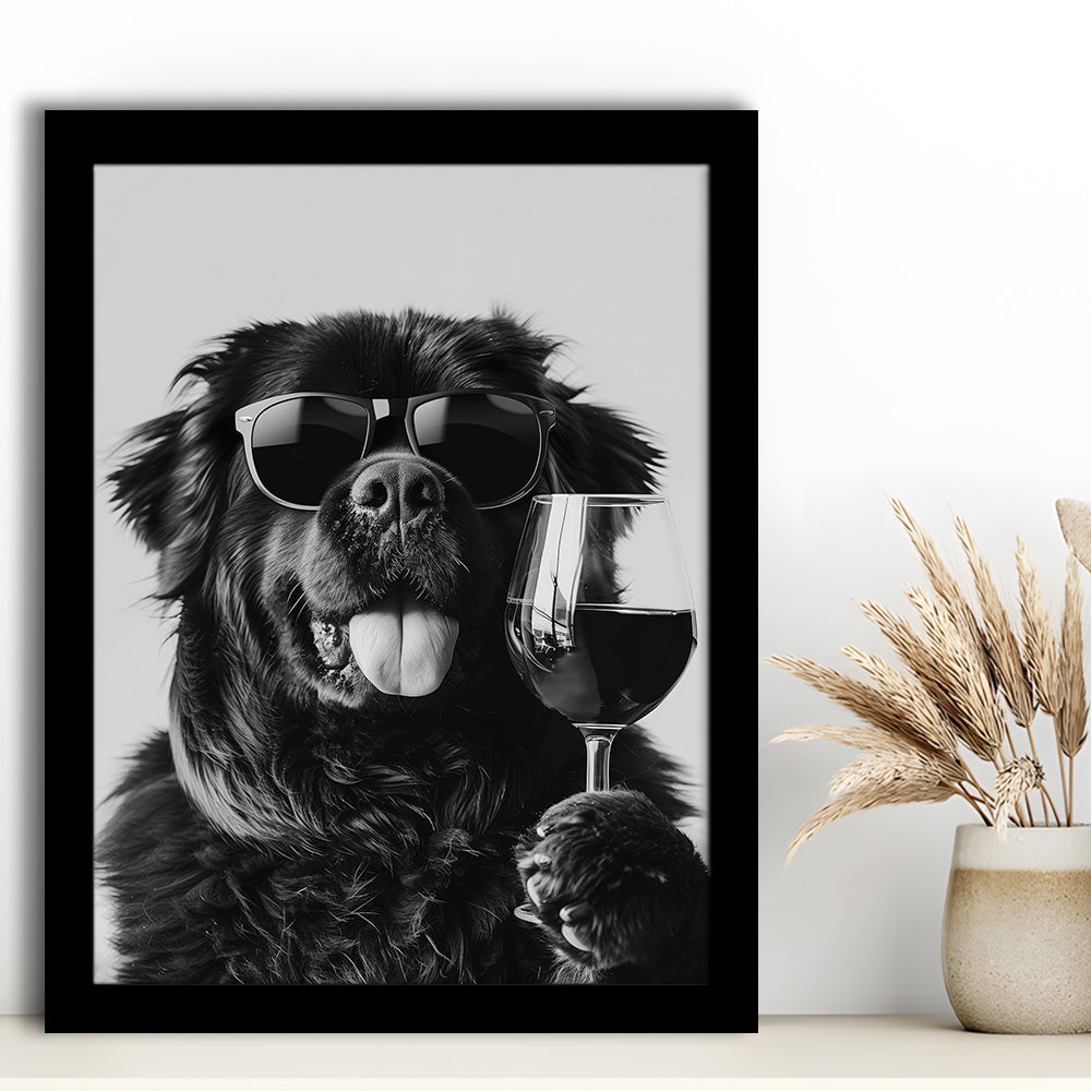 Newfoundland and Wine Framed Art Print Wall Decor, Black and White, Bar Cart Art, Kitchen Wall Decor