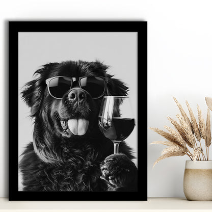 Newfoundland and Wine Framed Art Print Wall Decor, Black and White, Bar Cart Art, Kitchen Wall Decor