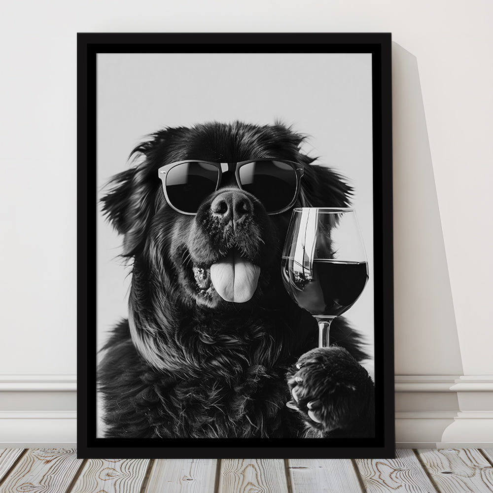Newfoundland and Wine Framed Canvas Print Wall Art, Black and White, Bar Cart Art, Kitchen Wall Decor