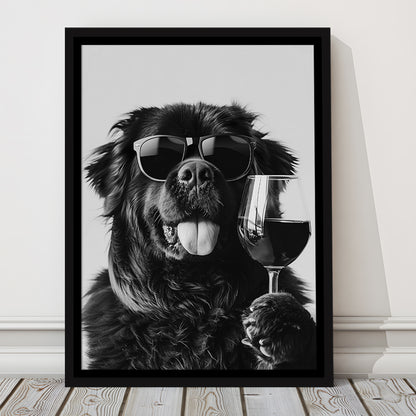 Newfoundland and Wine Framed Canvas Print Wall Art, Black and White, Bar Cart Art, Kitchen Wall Decor