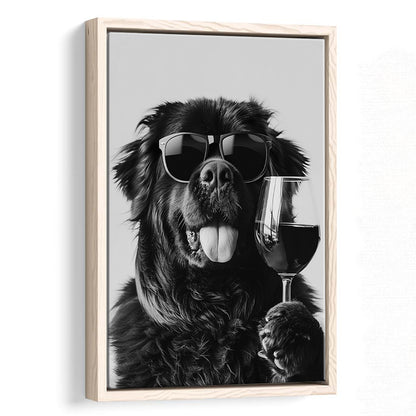 Newfoundland and Wine Framed Canvas Print Wall Art, Black and White, Bar Cart Art, Kitchen Wall Decor