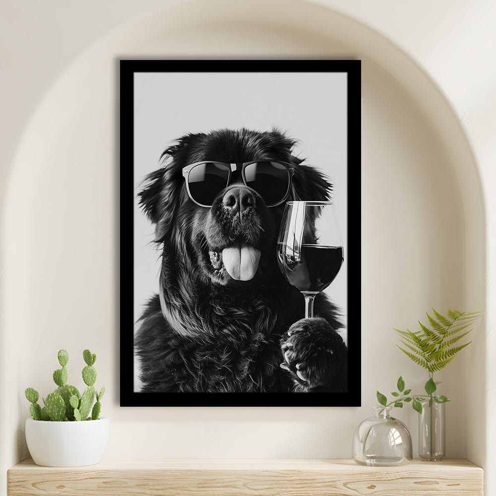 Newfoundland and Wine Framed Art Print Wall Decor, Black and White, Bar Cart Art, Kitchen Wall Decor