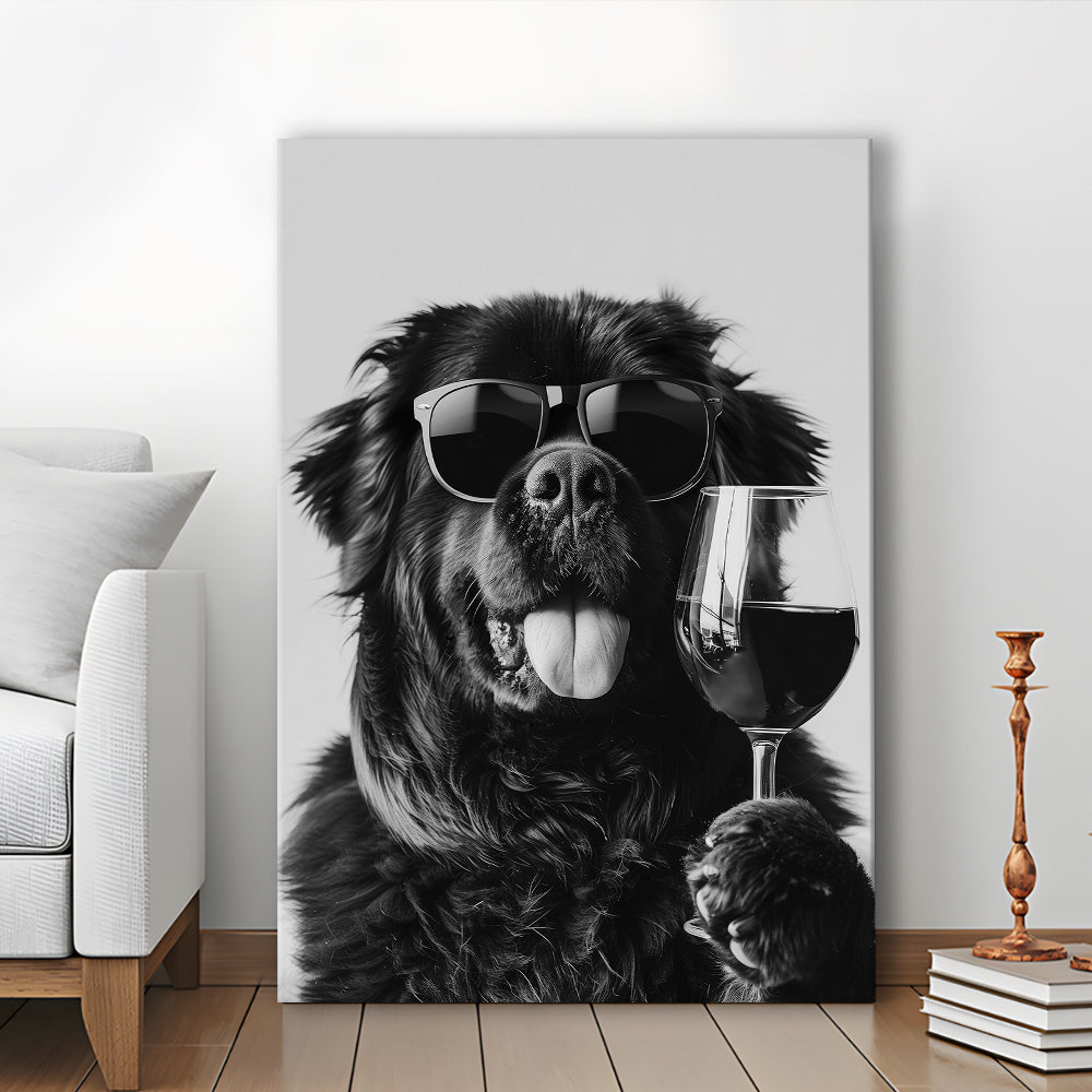 Newfoundland and Wine Canvas Print Wall Art, Black and White, Bar Cart Art, Kitchen Wall Decor