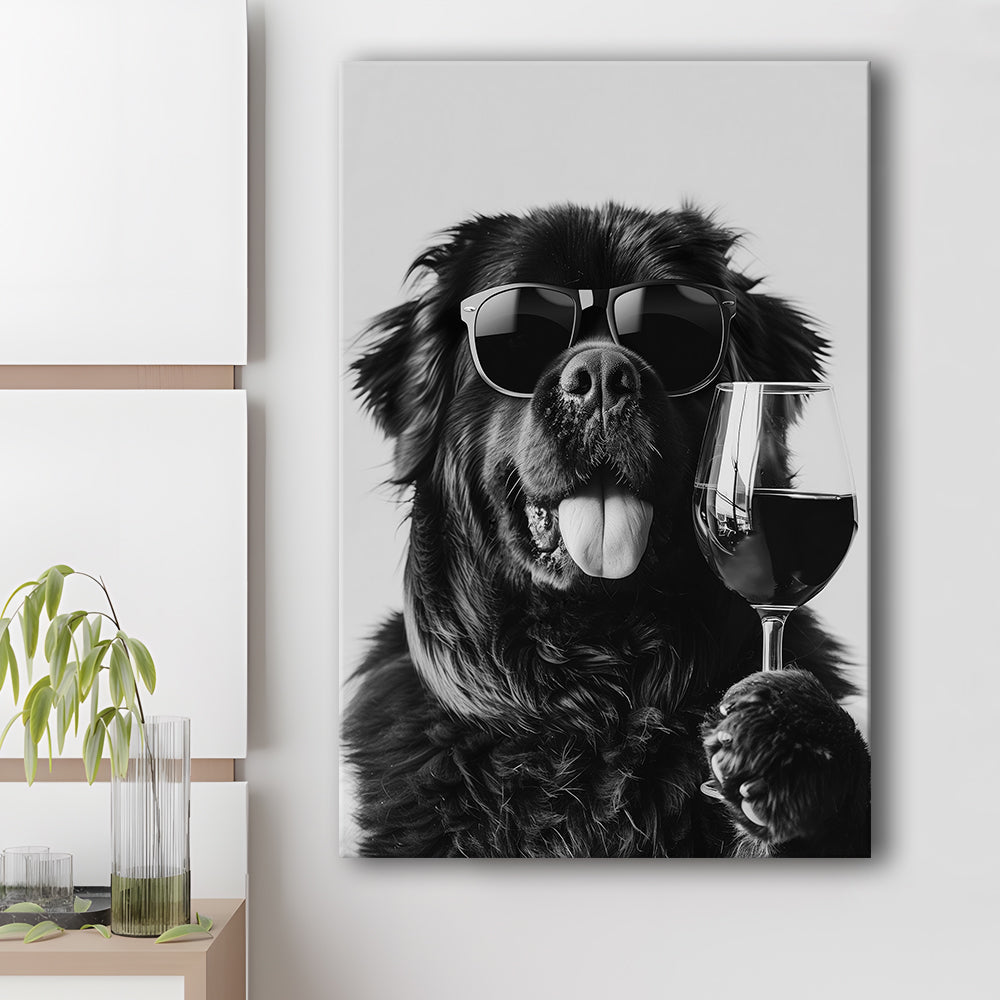 Newfoundland and Wine Canvas Print Wall Art, Black and White, Bar Cart Art, Kitchen Wall Decor