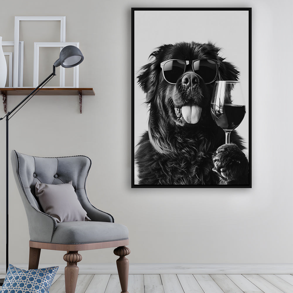 Newfoundland and Wine Framed Canvas Print Wall Art, Black and White, Bar Cart Art, Kitchen Wall Decor