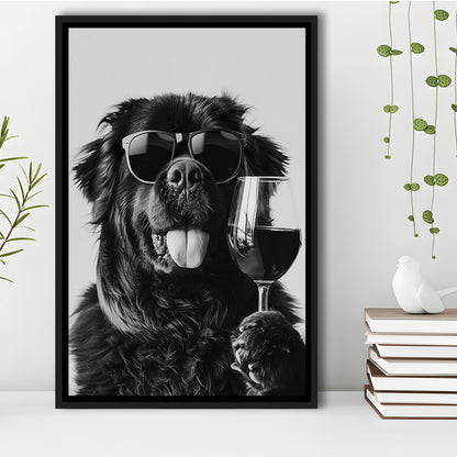 Newfoundland and Wine Framed Canvas Print Wall Art, Black and White, Bar Cart Art, Kitchen Wall Decor
