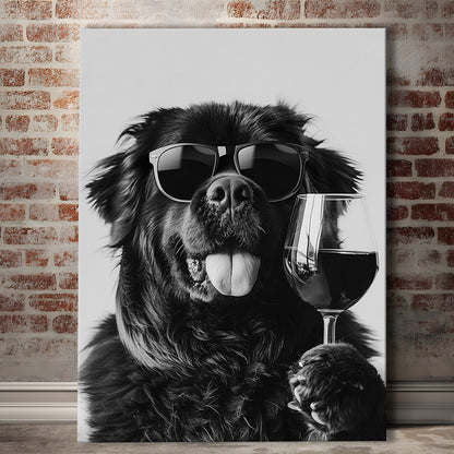 Newfoundland and Wine Canvas Print Wall Art, Black and White, Bar Cart Art, Kitchen Wall Decor