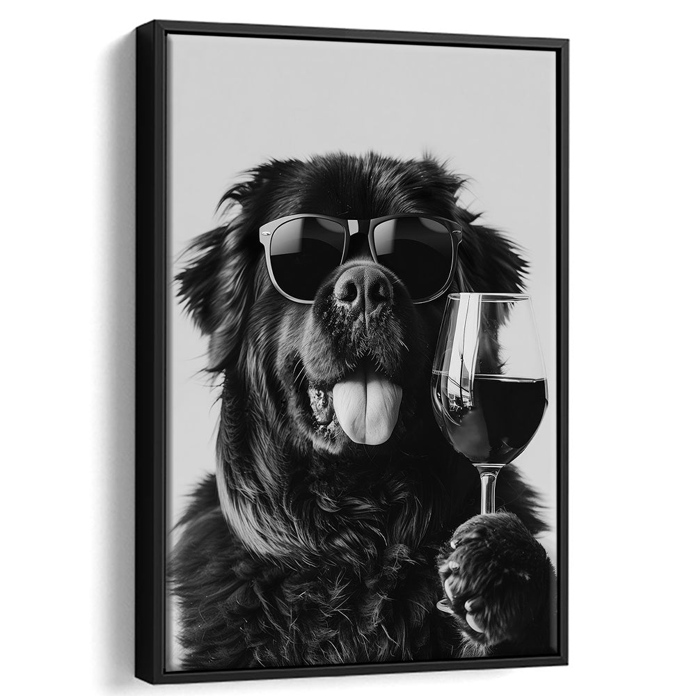 Newfoundland and Wine Framed Canvas Print Wall Art, Black and White, Bar Cart Art, Kitchen Wall Decor