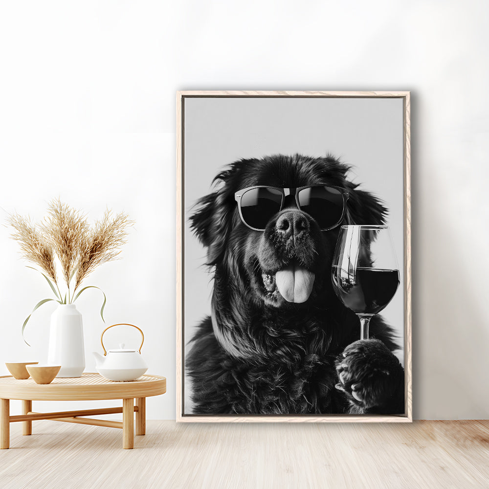 Newfoundland and Wine Framed Canvas Print Wall Art, Black and White, Bar Cart Art, Kitchen Wall Decor