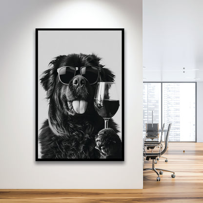Newfoundland and Wine Framed Art Print Wall Decor, Black and White, Bar Cart Art, Kitchen Wall Decor