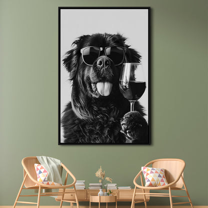 Newfoundland and Wine Framed Canvas Print Wall Art, Black and White, Bar Cart Art, Kitchen Wall Decor