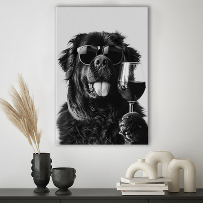 Newfoundland and Wine Canvas Print Wall Art, Black and White, Bar Cart Art, Kitchen Wall Decor