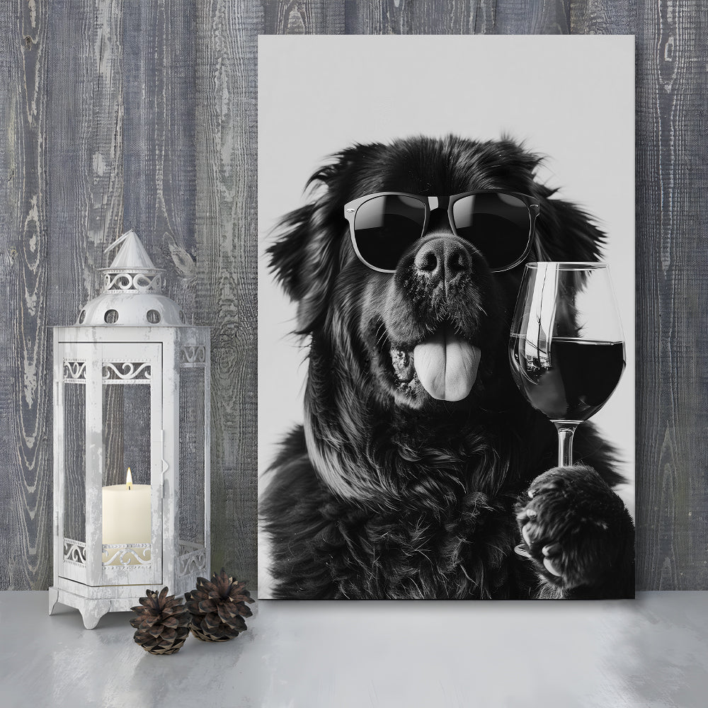 Newfoundland and Wine Canvas Print Wall Art, Black and White, Bar Cart Art, Kitchen Wall Decor