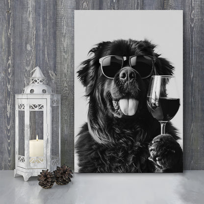 Newfoundland and Wine Canvas Print Wall Art, Black and White, Bar Cart Art, Kitchen Wall Decor