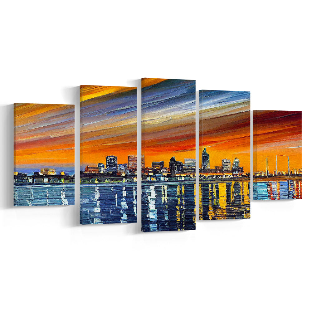 Newport News Virginia Skyline, Newport City Painting Wall Art, Sport Art, Mixed 5 Panel, Canvas Print Wall Art