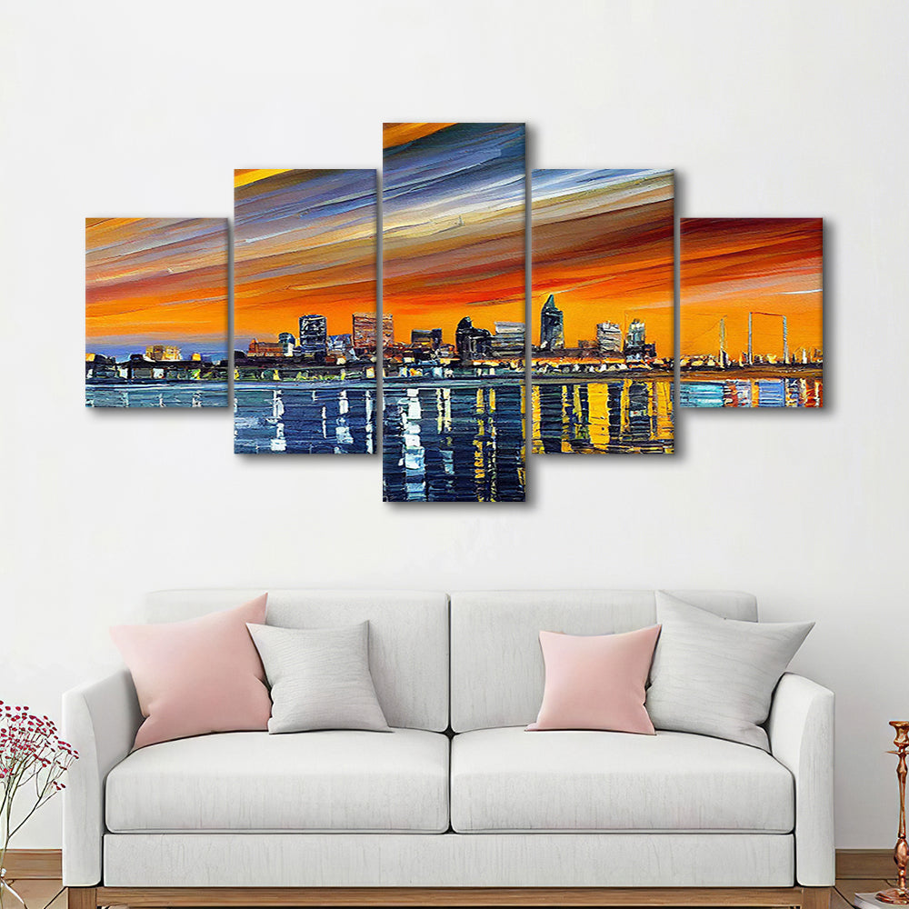 Newport News Virginia Skyline, Newport City Painting Wall Art, Sport Art, Mixed 5 Panel, Canvas Print Wall Art
