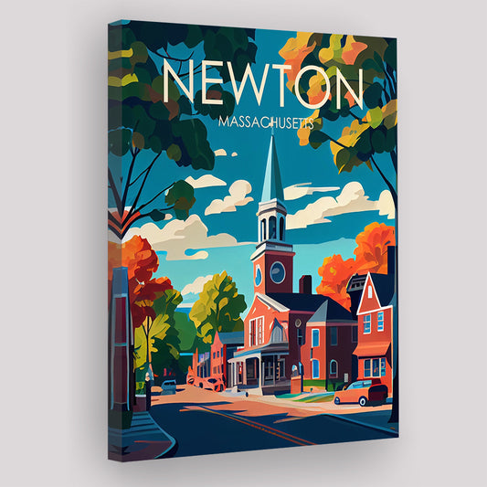 Newton Massachusetts Retro Art Print, Newton City Wall Art, Canvas Print, Painting Canvas, Living Room Decor