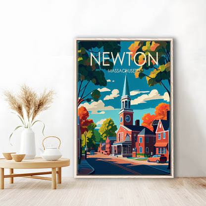 Newton Massachusetts Retro Art Print, Newton City Wall Art, Floating Framed Canvas Print, Framed Picture, Painting Canvas