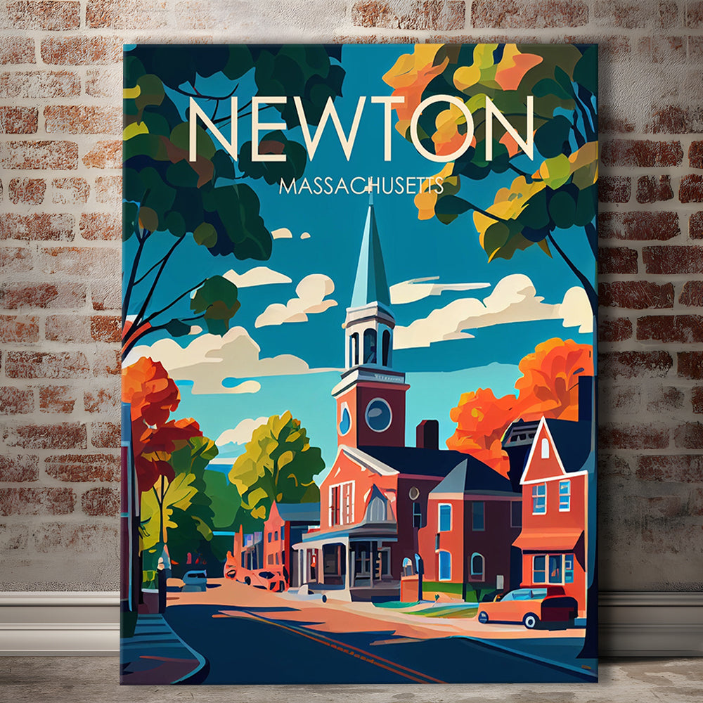 Newton Massachusetts Retro Art Print, Newton City Wall Art, Canvas Print, Painting Canvas, Living Room Decor