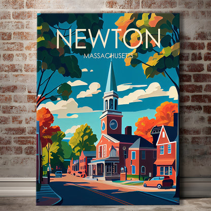 Newton Massachusetts Retro Art Print, Newton City Wall Art, Canvas Print, Painting Canvas, Living Room Decor