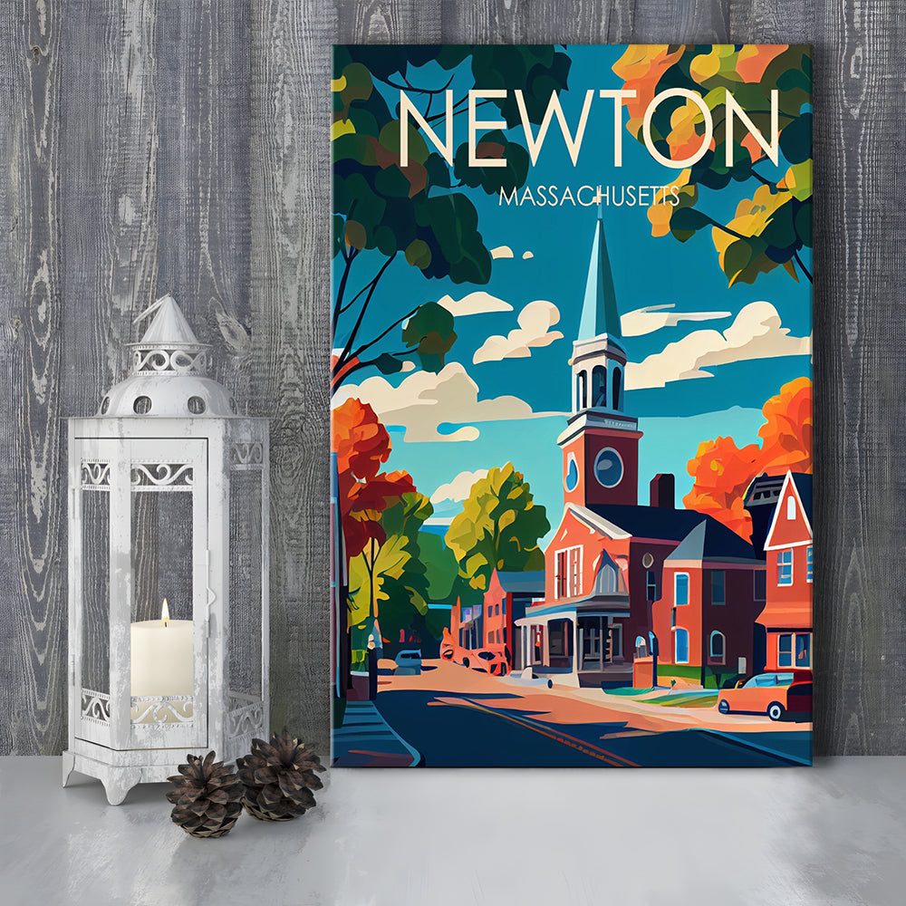 Newton Massachusetts Retro Art Print, Newton City Wall Art, Canvas Print, Painting Canvas, Living Room Decor