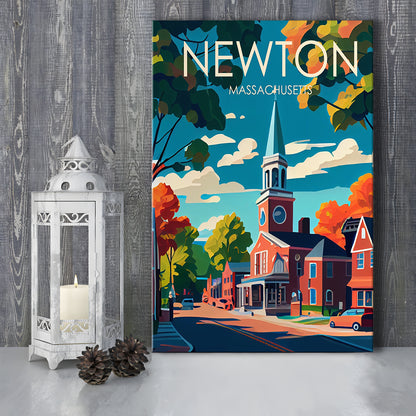 Newton Massachusetts Retro Art Print, Newton City Wall Art, Canvas Print, Painting Canvas, Living Room Decor