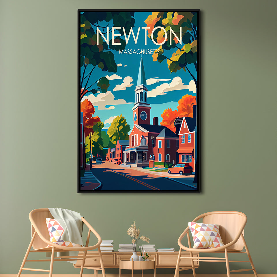 Newton Massachusetts Retro Art Print, Newton City Wall Art, Floating Framed Canvas Print, Framed Picture, Painting Canvas