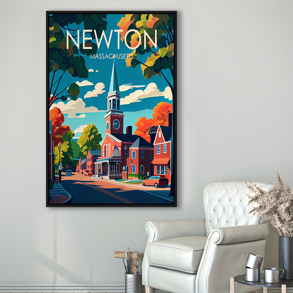 Newton Massachusetts Retro Art Print, Newton City Wall Art, Floating Framed Canvas Print, Framed Picture, Painting Canvas