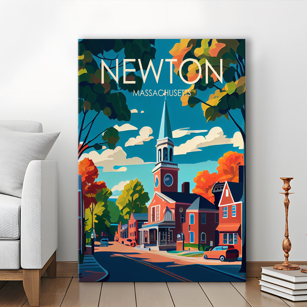 Newton Massachusetts Retro Art Print, Newton City Wall Art, Canvas Print, Painting Canvas, Living Room Decor
