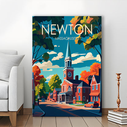 Newton Massachusetts Retro Art Print, Newton City Wall Art, Canvas Print, Painting Canvas, Living Room Decor