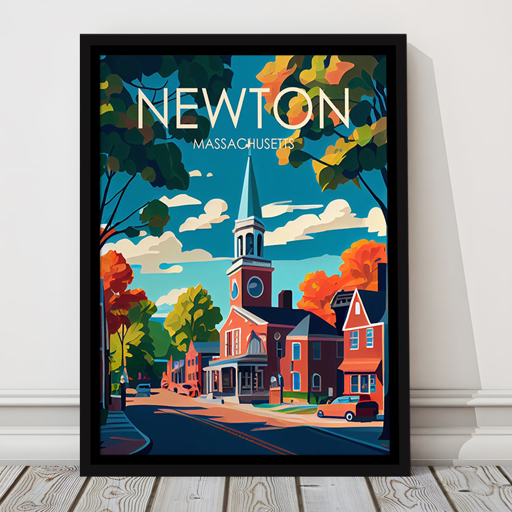 Newton Massachusetts Retro Art Print, Newton City Wall Art, Floating Framed Canvas Print, Framed Picture, Painting Canvas