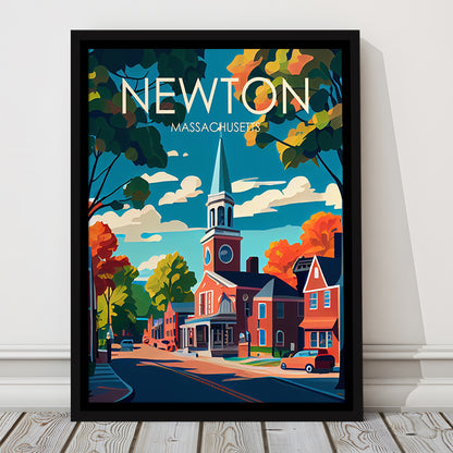 Newton Massachusetts Retro Art Print, Newton City Wall Art, Floating Framed Canvas Print, Framed Picture, Painting Canvas