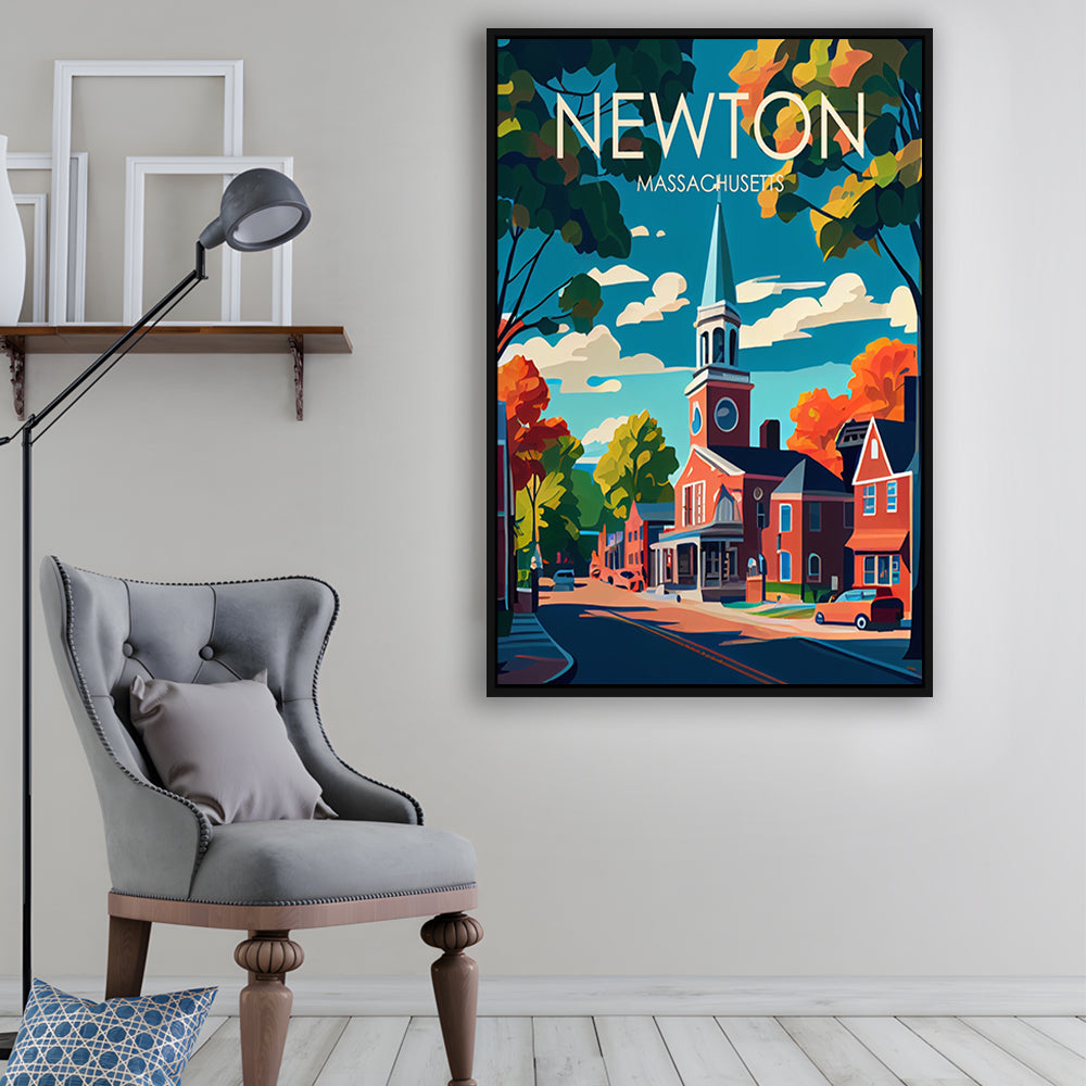 Newton Massachusetts Retro Art Print, Newton City Wall Art, Floating Framed Canvas Print, Framed Picture, Painting Canvas