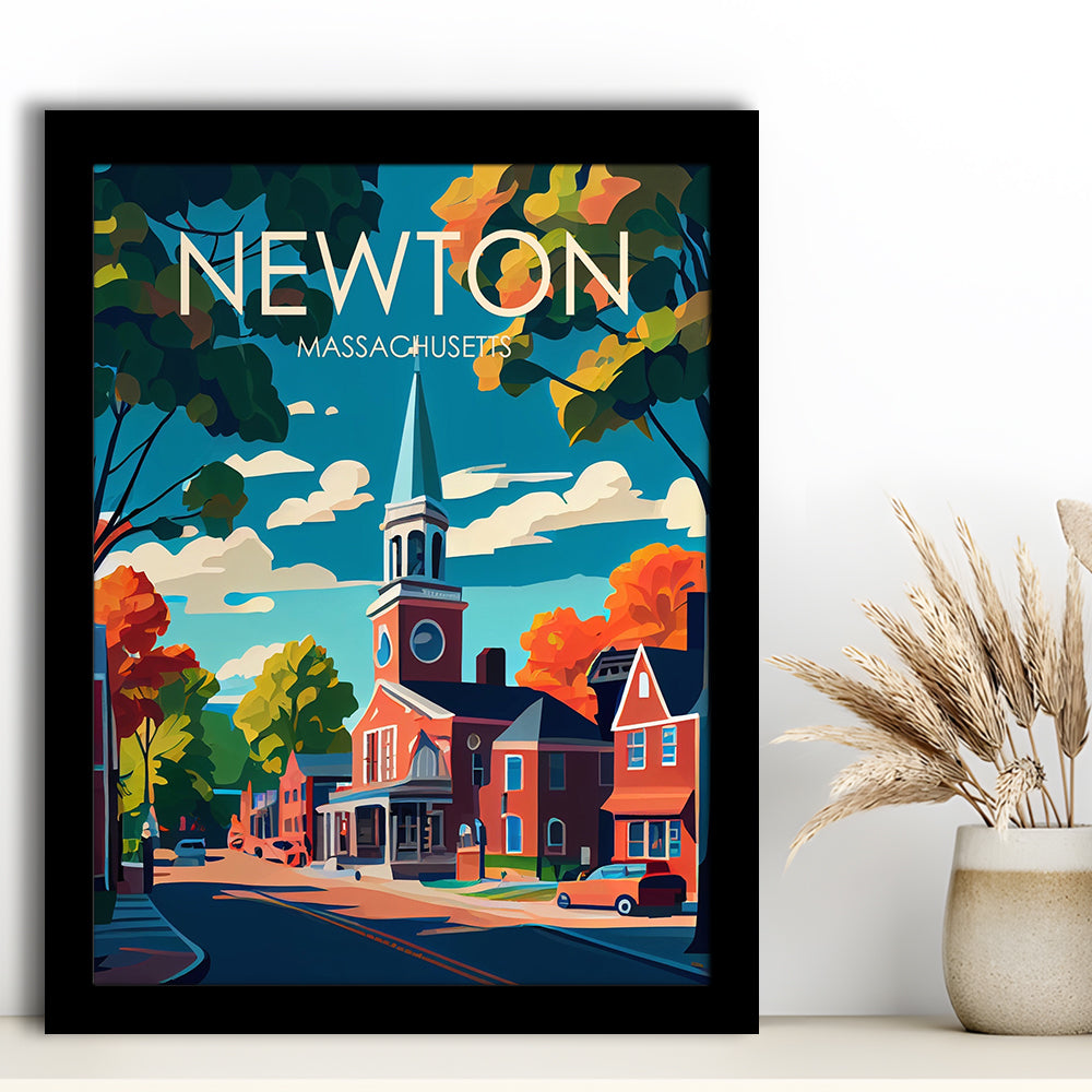 Newton Massachusetts Retro Art Print, Newton City Wall Art, Framed Art Print, Picture Framed, Painting Art