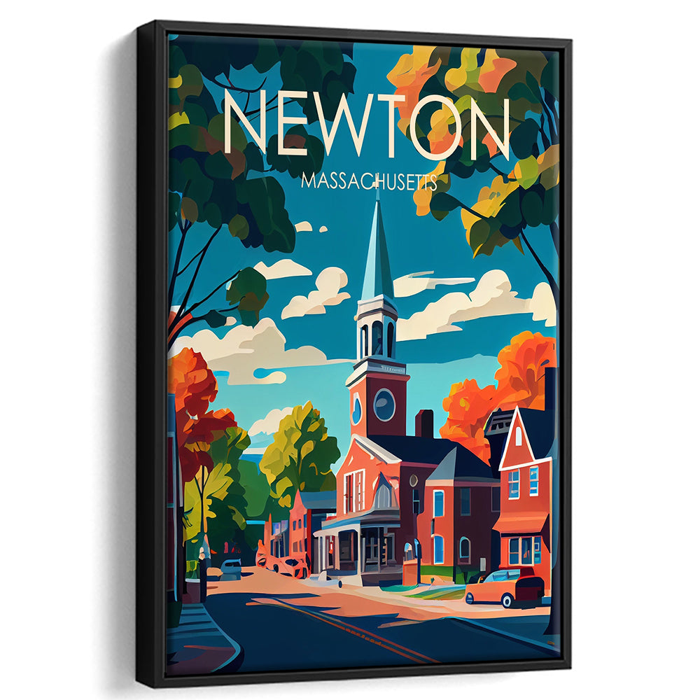 Newton Massachusetts Retro Art Print, Newton City Wall Art, Floating Framed Canvas Print, Framed Picture, Painting Canvas