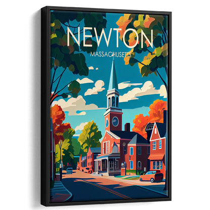 Newton Massachusetts Retro Art Print, Newton City Wall Art, Floating Framed Canvas Print, Framed Picture, Painting Canvas