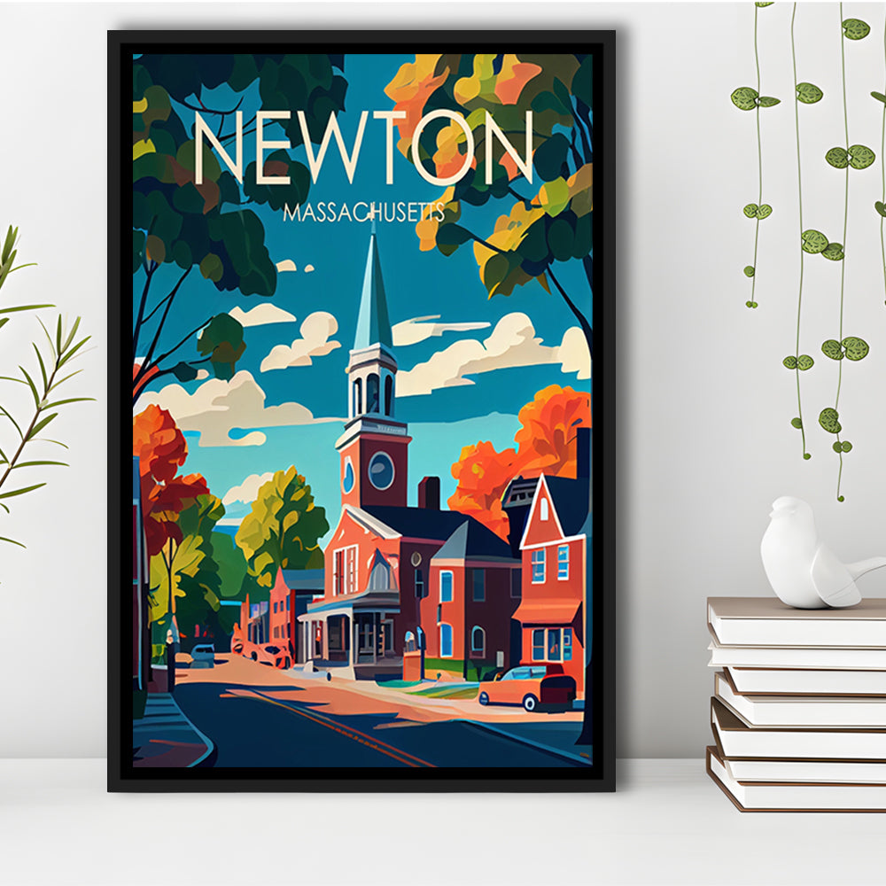Newton Massachusetts Retro Art Print, Newton City Wall Art, Floating Framed Canvas Print, Framed Picture, Painting Canvas