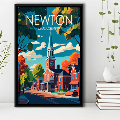 Newton Massachusetts Retro Art Print, Newton City Wall Art, Floating Framed Canvas Print, Framed Picture, Painting Canvas