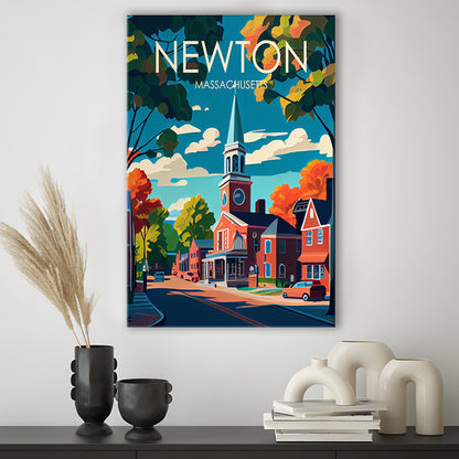 Newton Massachusetts Retro Art Print, Newton City Wall Art, Canvas Print, Painting Canvas, Living Room Decor