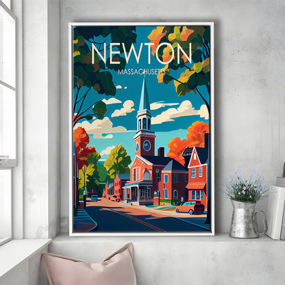Newton Massachusetts Retro Art Print, Newton City Wall Art, Floating Framed Canvas Print, Framed Picture, Painting Canvas