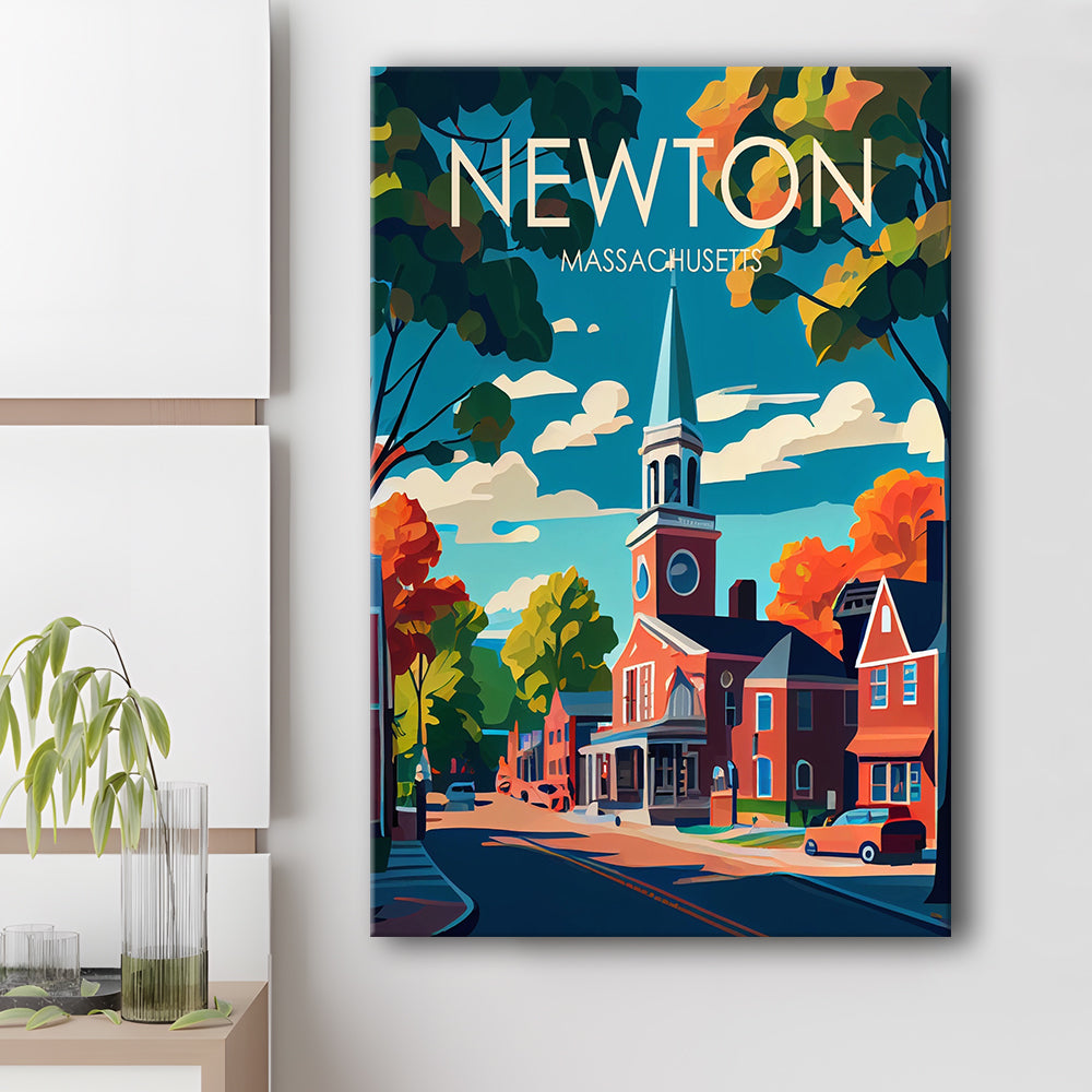 Newton Massachusetts Retro Art Print, Newton City Wall Art, Canvas Print, Painting Canvas, Living Room Decor