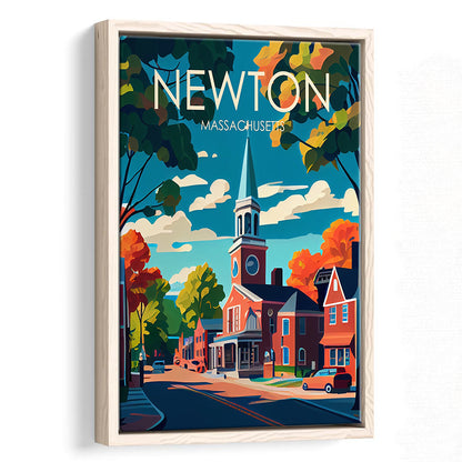Newton Massachusetts Retro Art Print, Newton City Wall Art, Floating Framed Canvas Print, Framed Picture, Painting Canvas